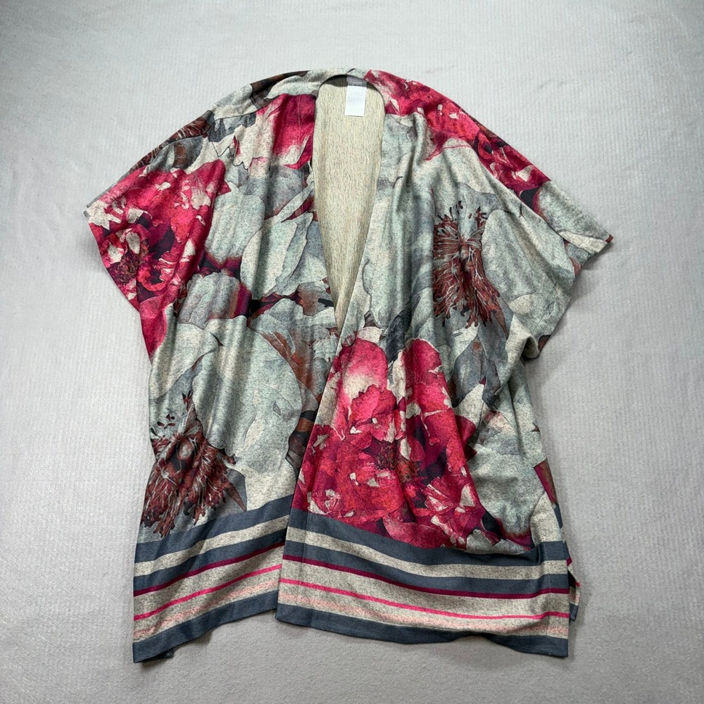 Chico's Kimono Wrap Womens S/M Grey Red Floral‎ Open Front Cardigan 570313331